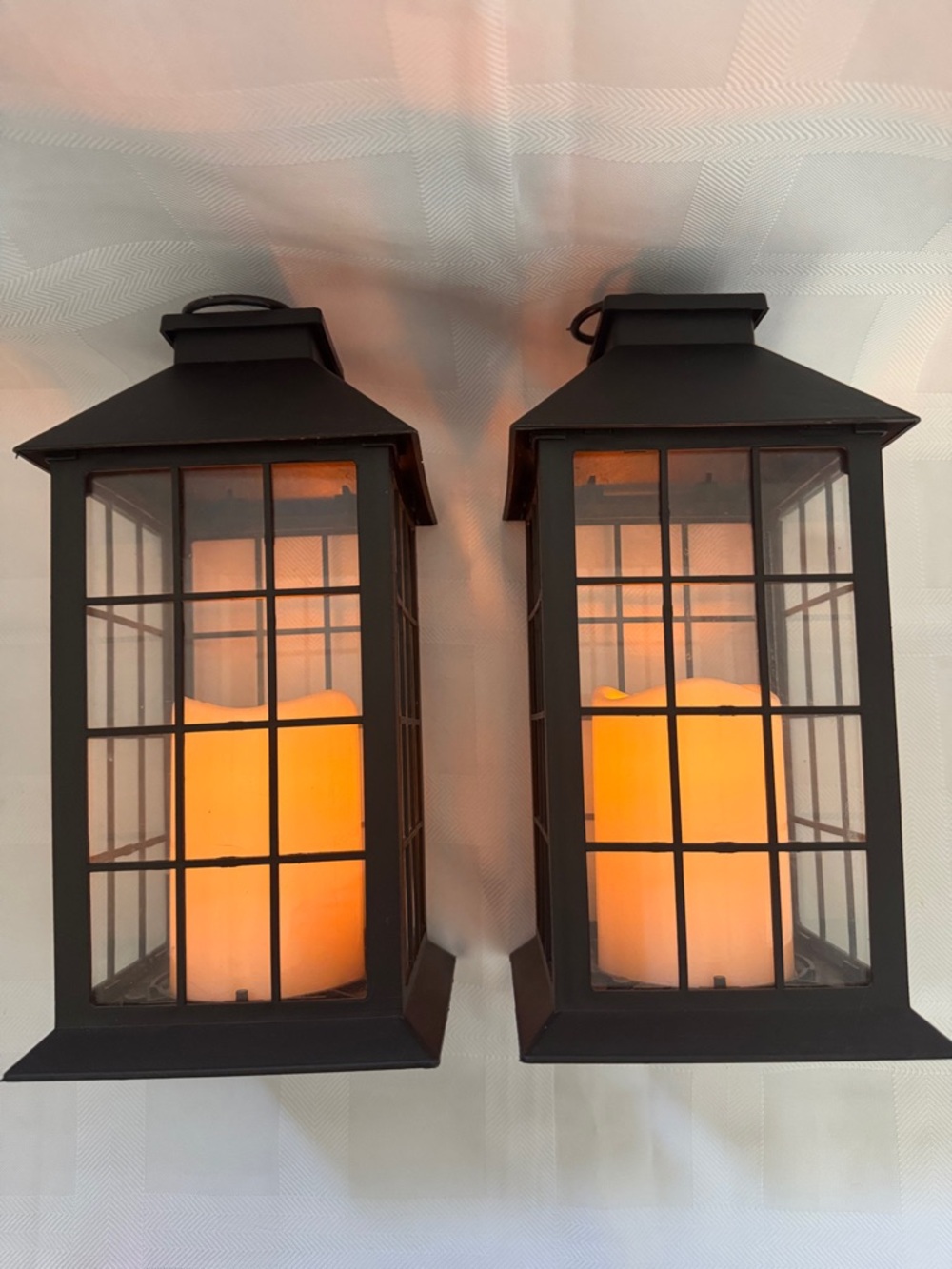 Black Plastic Wall Lanterns with Glass Warm LED Candles - Set of 2 with Timer